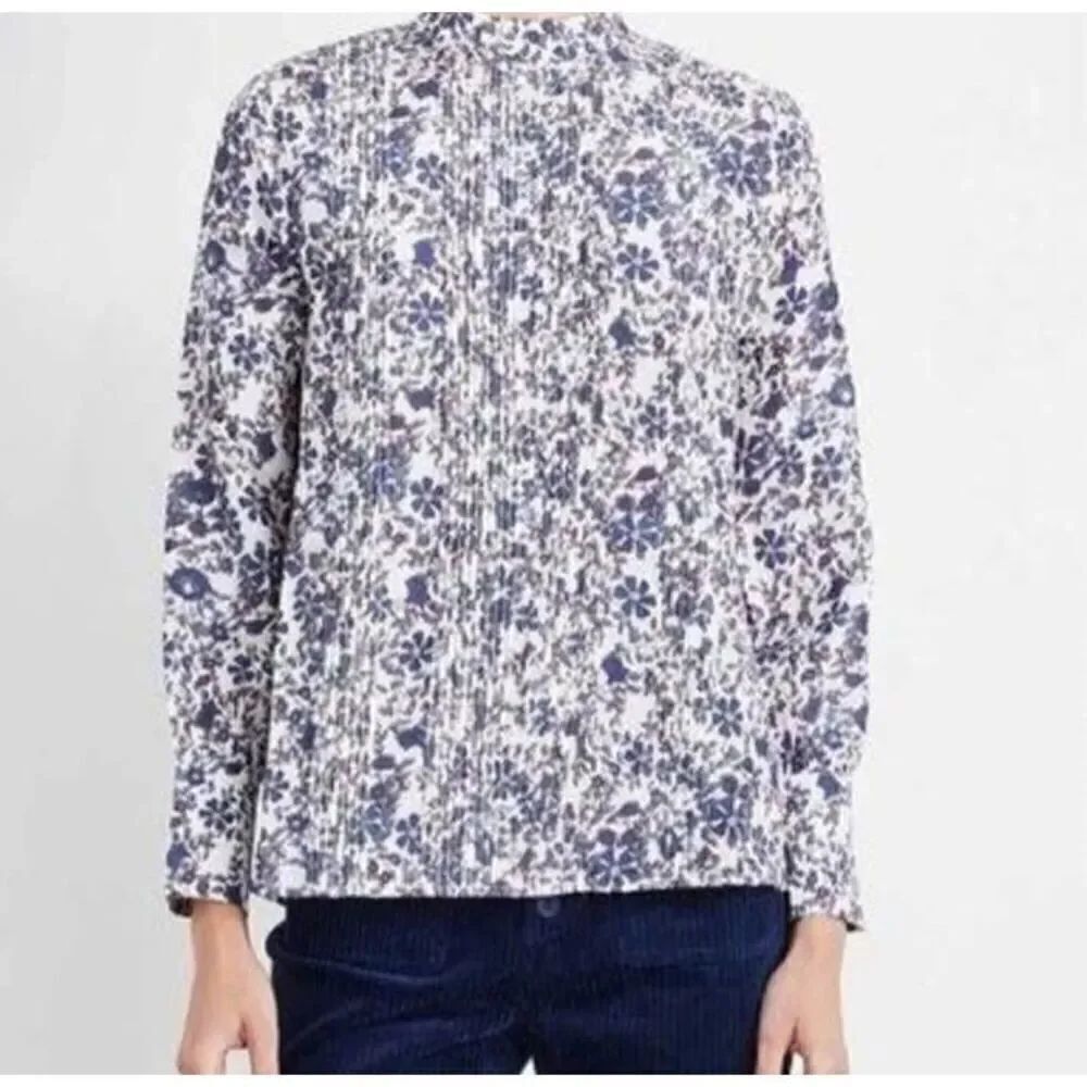 Apiece Apart Sez Floral Printed High Neck Pintuck Pleated Silk Blouse Blue Sz 12